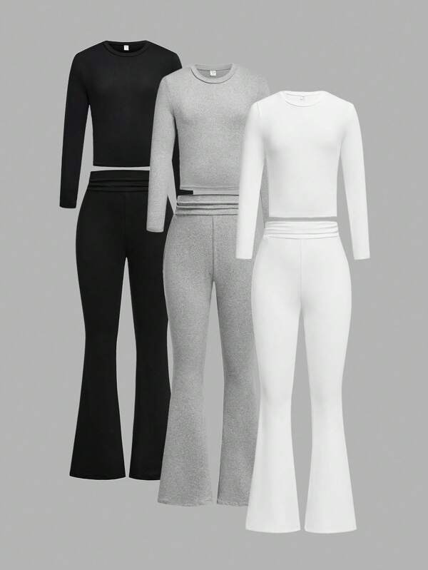SHEIN Wildeya 3 Stücke/Set für Tween-Mädchen, Lässiges, Alltags-taugliches, elegantes Outfit mit Langarm-Top, Weiter Hose, geeignet für Herbst/Winter, Schule, Urlaub, Ausgehen