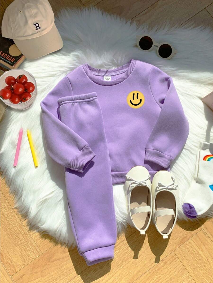 SHEIN Leap Crew Baby Girls Casual Simple Smiling Face Knitted Soft Loose Round Neck Pullover Thick Sweatsuit, Suitable For Autumn And Winter - Purple - View 1