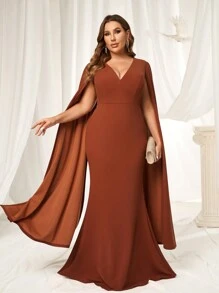 SHEIN Belle Plus Size Elegant Simple Caramel Stretch Fabric Deep V Neck Shawl Long Sleeve Fishtail Type Formal Dresses Bridesmaid Dresses