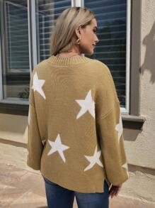 SHEIN LUNE Star Pocket Knit Sweater - Khaki - View 2