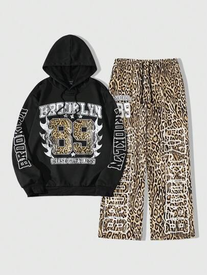 Street Life Men's Letter & Leopard Print Drawstring Hooded Sweatshirt And Pants Loose Fit Set, Suitable