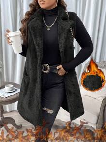 SHEIN LUNE Plus Size Women's Winter Solid Color Turndown Collar Sleeveless Long Fluffy Coat - Black - View 1