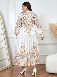 Mulvari Plus Size Long Sleeve Waist Tie Casual Loose Floral Print Dress