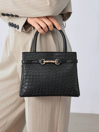 MOTF PREMIUM WOMEN BLACK SOLID TEXTURED METALLIC BUCKLE ACCENTED COMMUTER HANDBAG