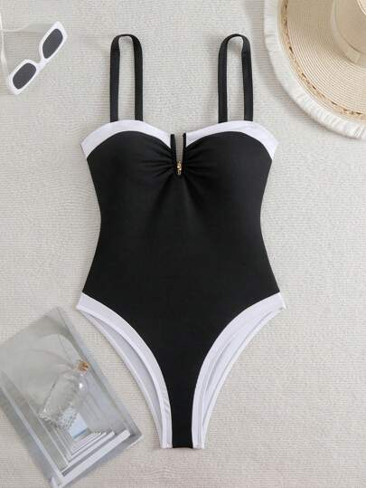 Swim Chiccia 1 件女式拼色 V 领钢圈连体泳衣夏季
