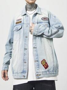 Manfinity EMRG 男士字母前扣长袖口袋简约休闲学院风牛仔夹克，适合外出、朋友聚会 - 淺色水洗藍 - 查看 7