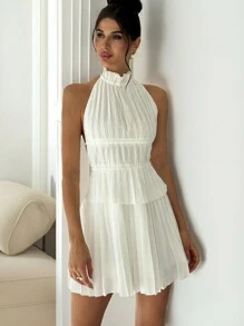 Firerie 2pcs/Set Women Summer Elegant Back-To-School Commute Vacation Street Fashion Halter Pleated Backless Tie Tank Top And High Waist Pleated Mini Skirt