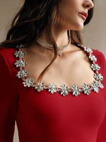 Anewsta Vestido blanco de fiesta con escote cuadrado y decoración de cristales de imitación para Año Nuevo - Rojo - Ver 7