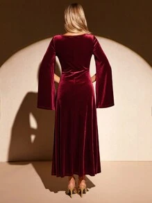 SHEIN Clasi Robe bordeaux polyvalente et à la mode avec décolleté en U pour femmes, automne/hiver - Rouge foncé - Voir 8