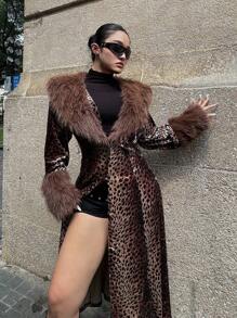 SHEIN MOOSTA Plus Size Fashionable Leopard Fluffy Long Coat For Winter - Brown - View 6