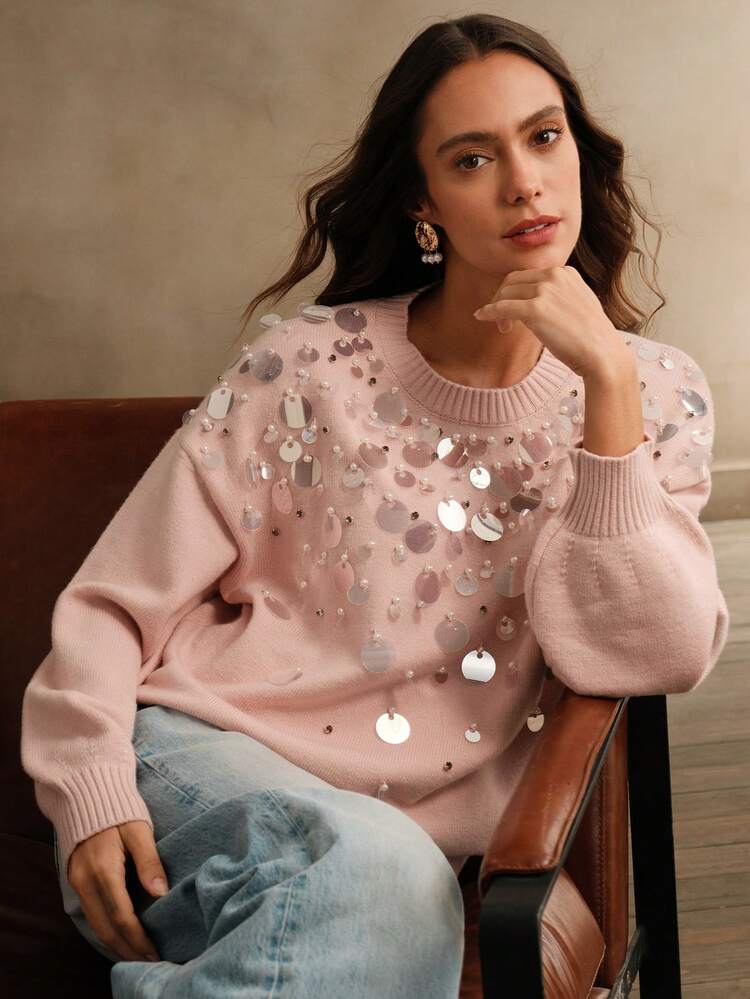 Jersey de cuello redondo de manga larga con lentejuelas y cuentas de perlas falsas, jersey de punto para otoño e invierno