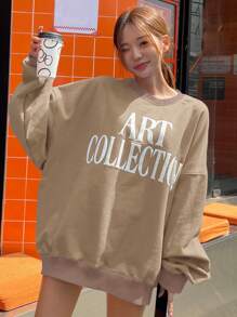 DAZY 女士休闲字母印花抓绒卫衣，秋季服装，冬季 - 卡其色 - 查看 4