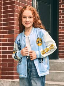 SHEIN Áo khoác bóng chày in chữ màu xanh và trắng cho bé gái tuổi teen có 2 túi, màu tương phản - Nhiều màu - Xem 8