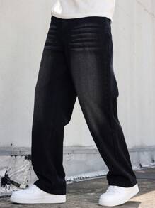 Manfinity EZcore Men's Loose Fit Straight Leg Denim Jeans With Pockets, Plain Wide Jeans Long Baggy Plain Black Washed Cargo Jeans, For Husband, Boyfriend Gifts Going Out Hang Out Commute Work College - Black - View 1