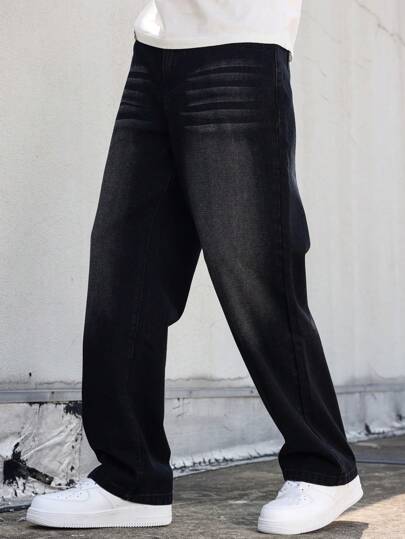 Manfinity EZcore 男士宽松直筒牛仔裤，带口袋，纯色宽牛仔裤，长款宽松纯色黑色洗水工装牛仔裤，适合丈夫、男朋友的礼物