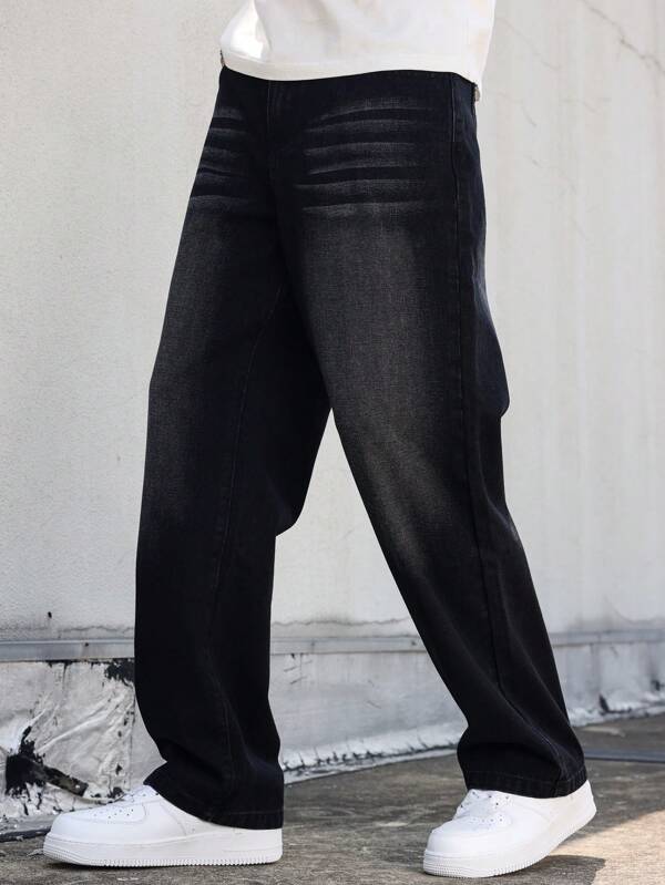 Manfinity Hypemode Jeans droits amples pour hommes avec poches, jeans larges unis longs et amples, jeans cargo noirs lavés unis, pour mari, cadeaux pour petit ami