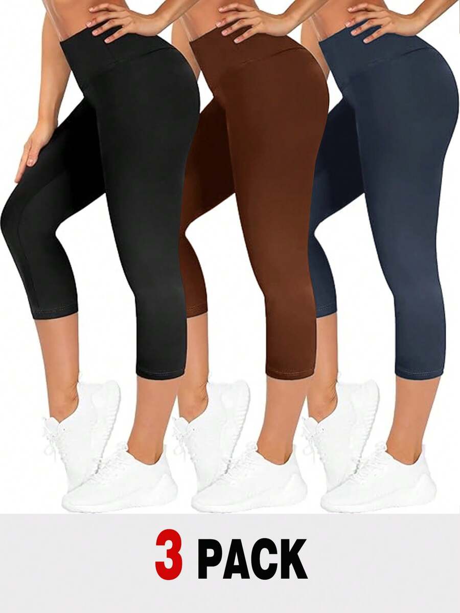 SHEIN SXY 3 条装女式裤子 - 高腰收腹黑色休闲紧身打底裤 - 棕色 - 查看 1