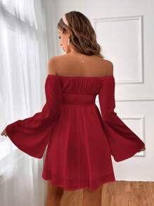 SHEIN VCAY 浪漫露肩荷叶边袖腰连衣裙