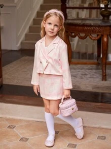 SHEIN 2pcs Young Girl Elegant Plaid Knitted Long Sleeve Blazer Jacket + Mini Skirt Set, Spring Autumn Casual Outfit - Baby Pink - View 3