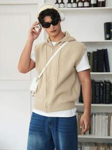 Manfinity EZcore Men's Solid Color Zip Front Casual Loose Hooded Sweater Vest, Autumn/Winter - Apricot - View 4