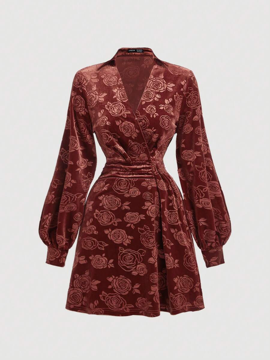 SHEIN MOD 天鹅绒连衣裙，锈棕色翻领重叠长袖短裙，女士植绒连衣裙，秋季长裙，巡游女装，优雅连衣裙，晚礼服，秋季女装，舞会礼服，连衣裙，返校节礼服，海滩女装，连衣裙，复古连衣裙，复古图案 - 鏽棕色 - 查看 1