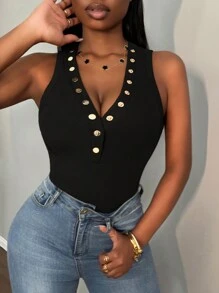 Slaydiva Casual Sexy Solid Color Rib-Knit Button V-Neck Camisole For Women - Black - View 7