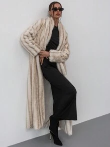 Aloruh Modern Oversized Gradient Color Long Sleeve Warm Fluffy Coat For Women - Khaki - View 1