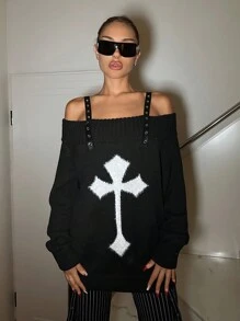 SHEIN ICON Halloween Cross Pattern Casual Oversized Long Sleeve Sweater With Thick Straps Outfits, Women Clothes