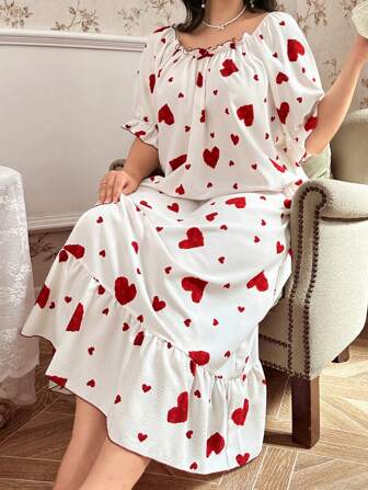 CottageSlumber Vestido casual con estampado de corazón, manga abullonada y ribete de volantes, talla grande, Moo Moo