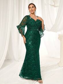 Glamrae Đầm dạ hội đuôi cá tay bèo ren đính hạt ngọc trai cỡ lớn, Đầm dạ hội thanh lịch, Đầm dự tiệc cưới cho khách dự tiệc cưới, Tốt nghiệp, Tiệc tối - Màu xanh lá cây đậm - Xem 5