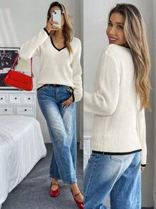 Chiquease 新款女士 V 领宽松针织休闲百搭毛衣