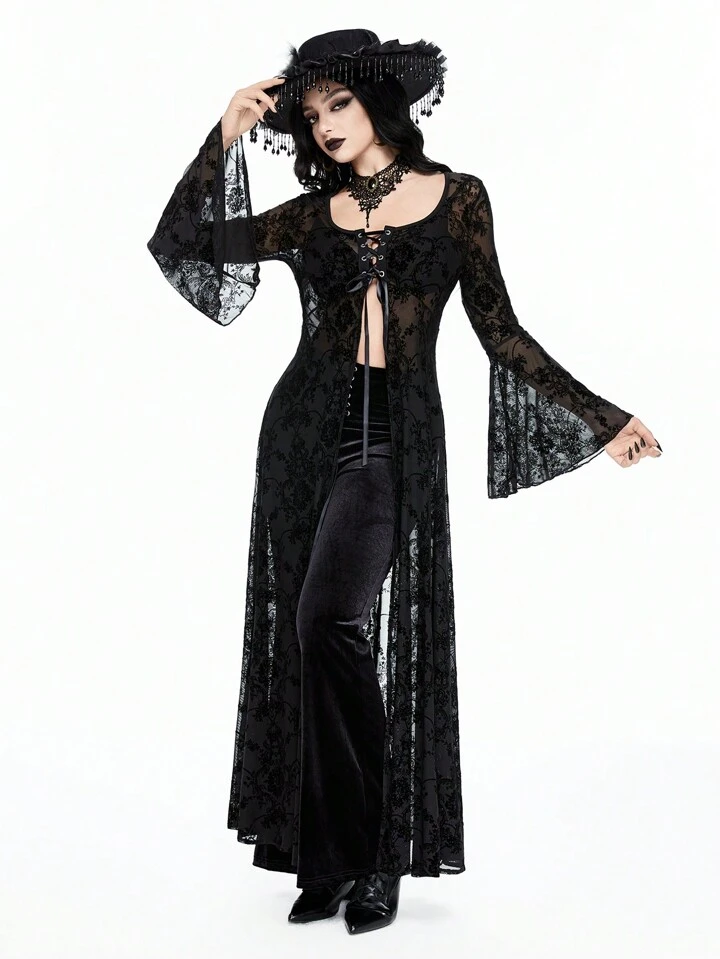Our Women's Vintage Gothic Vine Pattern Flocked Flare Sleeve Dress,  Halloween Clothes is such a vibe - ROMWE