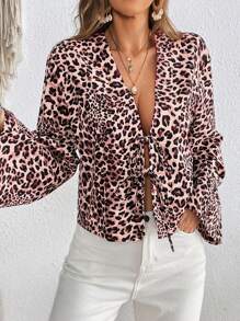 SHEIN VCAY Resort Woven Leopard Pattern Open Front Long Sleeve Regular Fit Ladies Shirt