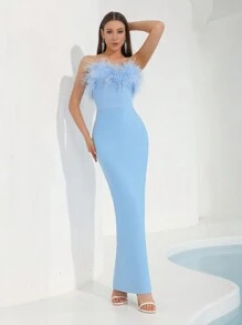 Modphy Faux Feather Sexy Bandeau Backless Bodycon Dress, Elegant Women's Formal Evening Gown, Wedding Guest, Bridesmaid Dress, Party Wear - Baby Blue - View 1