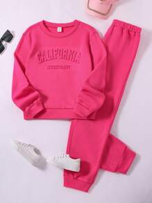 SHEIN 女小童字母壓紋加絨內裏衛衣和衛褲