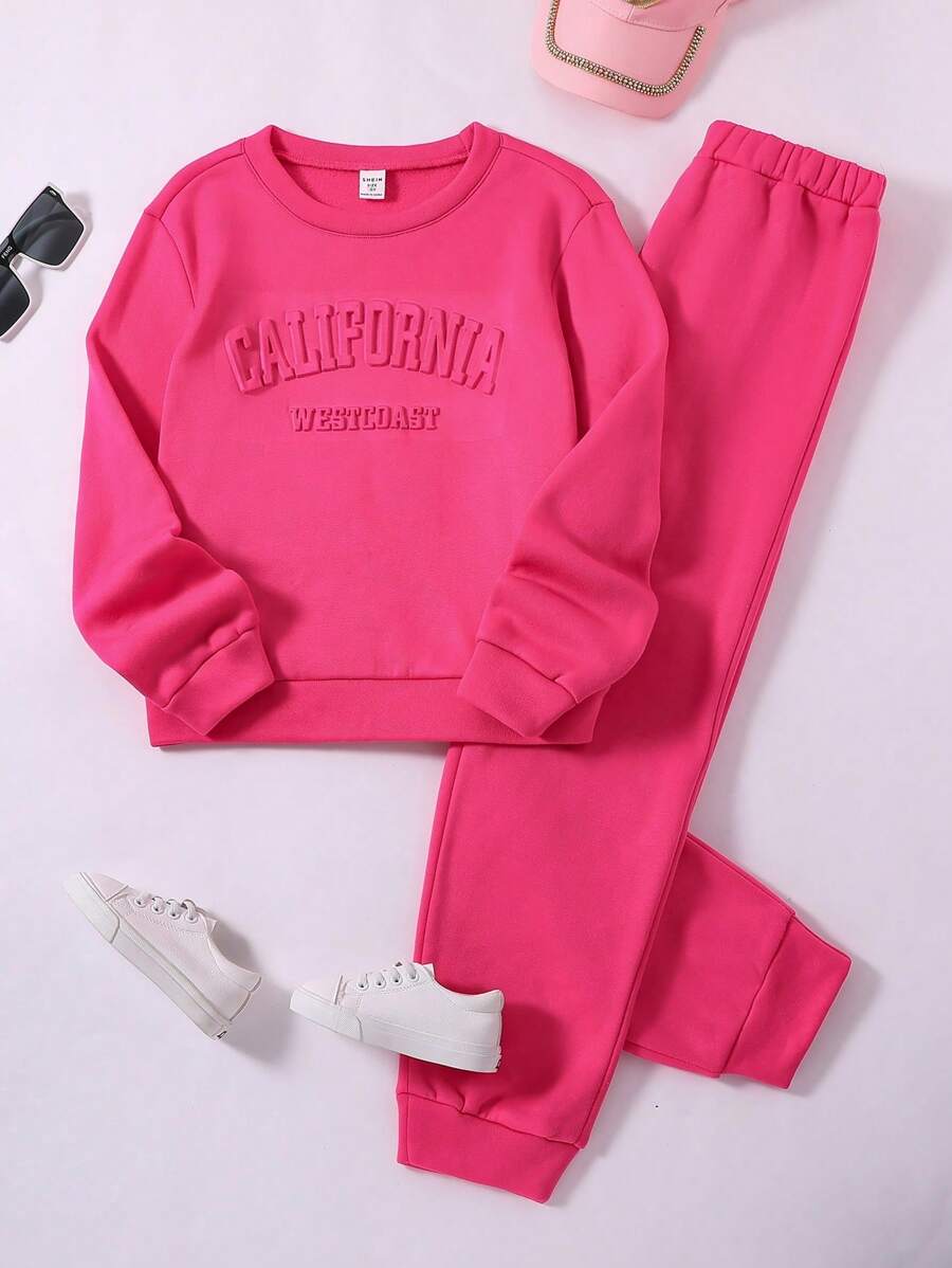 SHEIN 女小童字母壓紋加絨內裏衛衣和衛褲