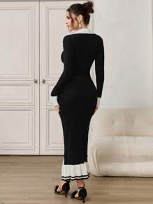 Modelyn Women Elegant Contrast Trim Long Sleeve Sweater Dress