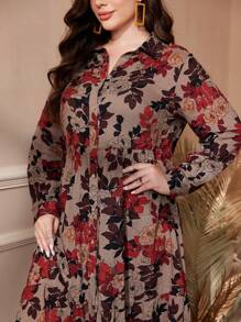 Al Najma Vestido de manga larga con un solo pecho y estampado botánico para mujer de talla grande, ropa árabe, casual, modesta para uso diario casual/viajes/vacaciones/uso en casa, vestido largo de talla grande para uso árabe