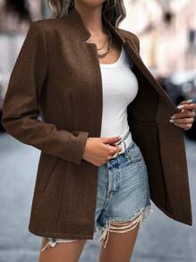 SHEIN Clasi Women's Herringbone Pattern Long Sleeve Overcoat, Fall - Coffee Brown - View 6