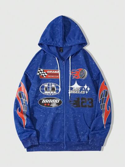 Street Life Sudadera con capucha con cierre frontal con cremallera y estampado de letras casual para hombre, primavera-otoño