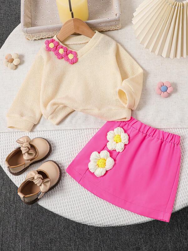Conjunto de 2 peças de suéter de malha com decote em V floral casual para meninas e mini saia, tecido confortável adequado para passeios, aniversário, ano novo e natal