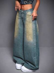 SHEIN ICON 女士休闲洗水阔腿牛仔裤