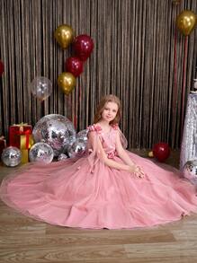 SHEIN 2024 New Design Tween Girl Princess Dress, Child Flower Girl Wedding Gown, Tween Girl Formal Occasion Puffy Tulle Ball Gown, Suitable For Halloween, Christmas, Easter And Other Holidays
