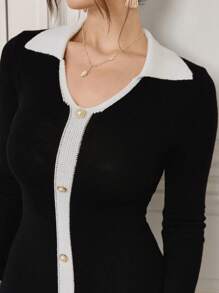 Modelyn Women Elegant Contrast Trim Long Sleeve Sweater Dress