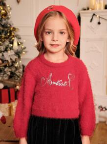 SHEIN Young Girl Round Neck Long Sleeve Fleece Graphic Print Dress, Autumn/Winter, For Christmas - Red - View 3