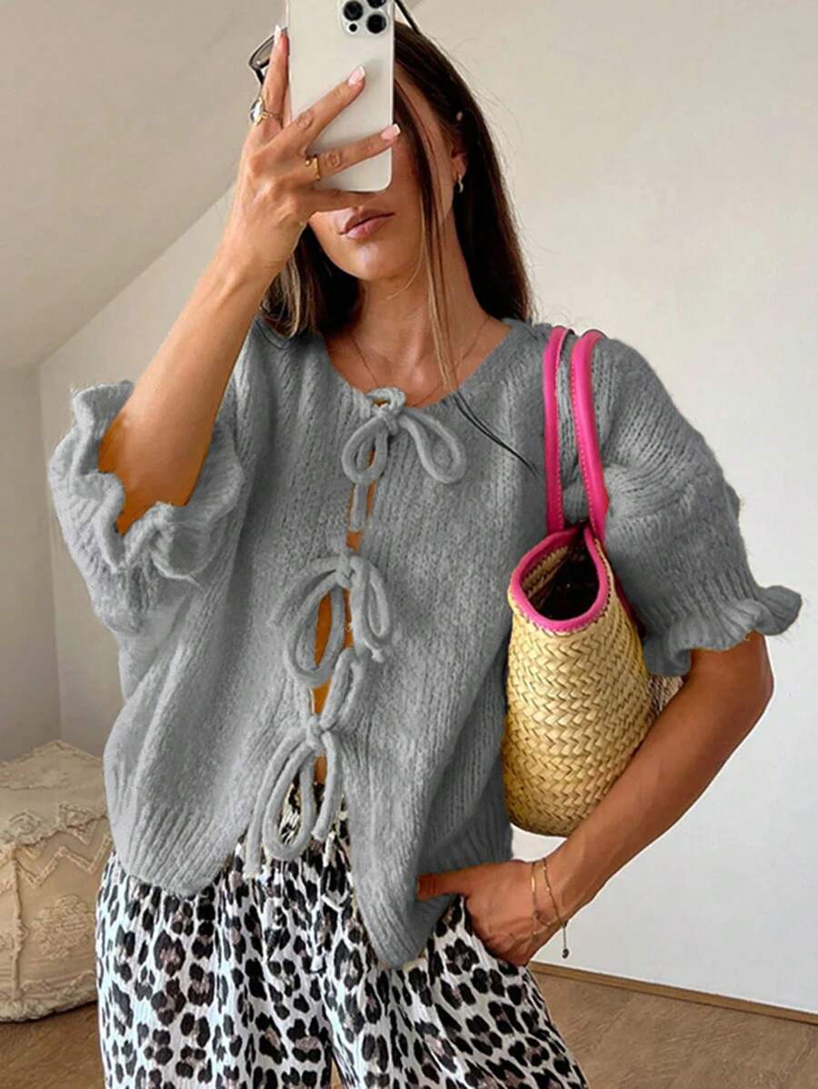 INAWLY 女式纯色前系带蝙蝠袖宽松休闲毛衣,秋冬 - 灰色 - 查看 1