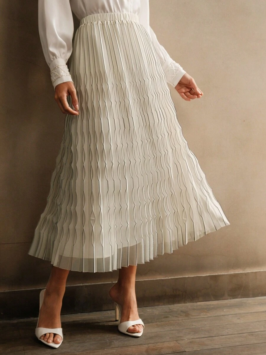 Anewsta Jupe mi-longue plissée à motif géométrique urbaine pour femme - Beige - Voir 1