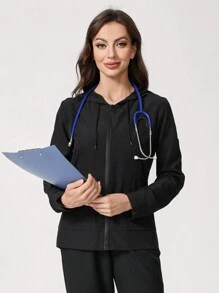 TaskEZ Top de uniforme médico con cremallera frontal de manga larga y capucha minimalista, pantalón informal de bolsillo doble, conjunto de enfermera, top de cuello redondo de uniforme médico, uniforme deportivo casual simple para limpieza