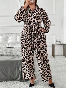 SHEIN Clasi Macacão casual plus size com botões frontais e manga comprida com nó torcido e estampa de leopardo - Multicolorido - Ver 3