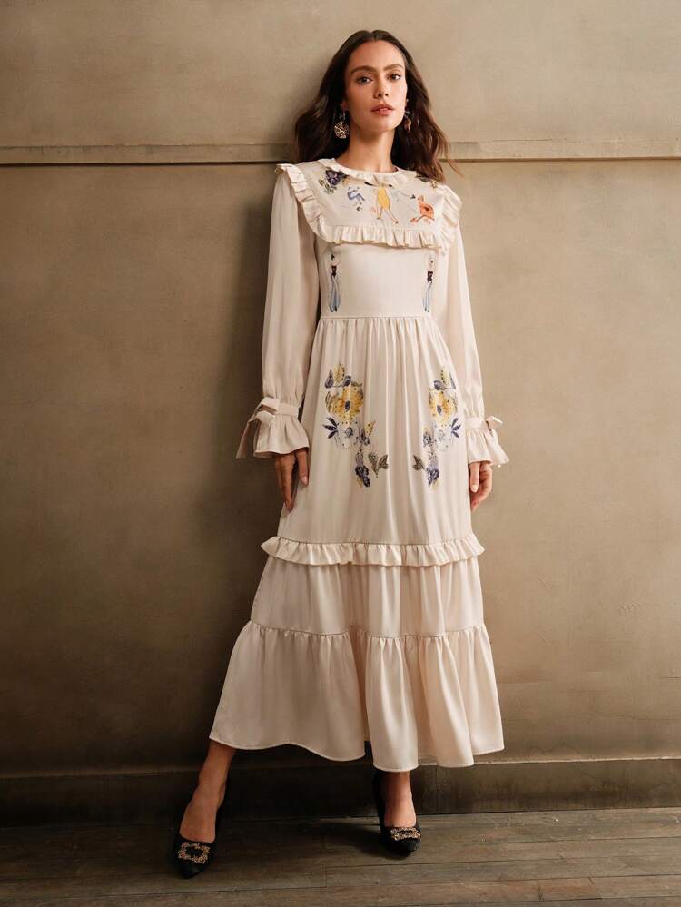 Elegant Embroidered Ruffle Hem Waist Dress For Women